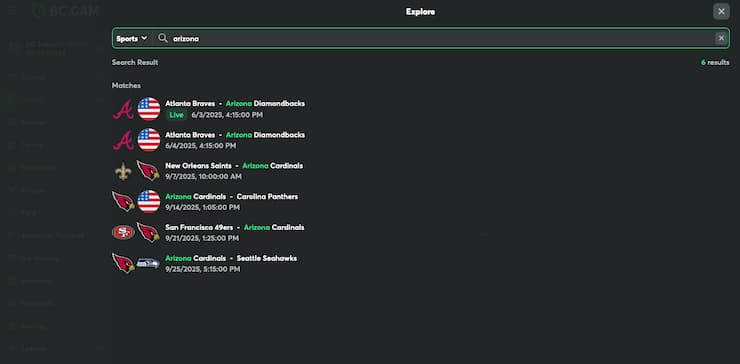 A view of the betting interface on BC Game, one of the best AZ online sportsbooks.